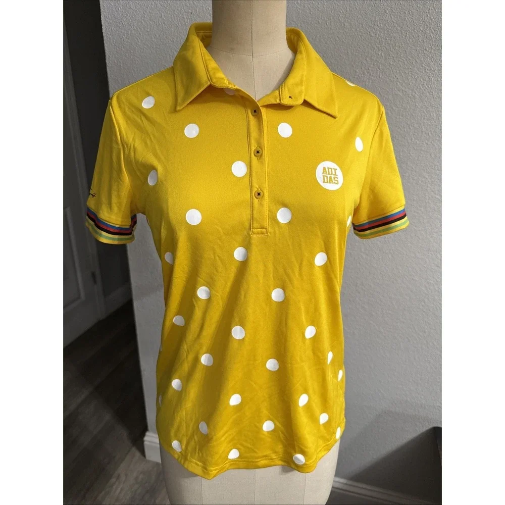 Adidas Golf Shirt Womens Yellow Polka Dot Rainbow Trim Polo CV8771 Rare Sz Small